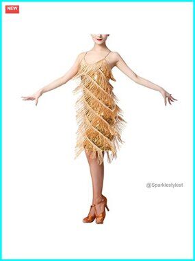 ODASDO Women's Latin Dance Dress Sequins Tassels Spaghetti Strap Salsa Costume